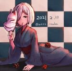  1girl blue_eyes checkered checkered_background dated flower fox_mask grey_kimono hair_over_one_eye hamakaze_(kancolle) japanese_clothes kantai_collection kimono lying mask mouth_hold on_stomach short_hair silver_hair solo twitter_username wss_(nicoseiga19993411) 