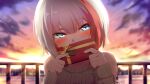  1girl admiral_graf_spee_(azur_lane) admiral_graf_spee_(daily_peaceful_life)_(azur_lane) aqua_eyes aran_sweater azur_lane bangs blurry blush box clouds cloudy_sky commentary_request covering_mouth depth_of_field detached_sleeves embarrassed eyebrows_visible_through_hair eyes_visible_through_hair german_text gift gift_box highres holding holding_gift looking_at_viewer multicolored_hair pointing redhead shade shimofuji_jun short_hair sidelocks sky solo sweater translation_request twilight two-tone_hair valentine white_hair 
