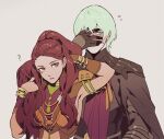  1boy 1girl armor bracelet brown_eyes byleth_(fire_emblem) byleth_eisner_(male) byuub covering_face earrings fire_emblem fire_emblem:_three_houses green_eyes green_hair grey_background jewelry long_hair parted_lips petra_macneary ponytail purple_hair short_hair simple_background upper_body 