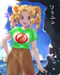 1girl :d aikatsu! aikatsu!_(series) beach blush breasts brown_pants clouds cloudy_sky commentary_request cowboy_shot daichi_nono day drill_hair eyebrows_visible_through_hair eyes_visible_through_hair food_print green_shirt green_t-shirt hair_intakes hand_on_hip high-waist_pants highres large_breasts light_rays looking_at_viewer mole mole_under_eye multicolored_shirt ocean open_mouth pants potato potato_print rock shirt shirt_tucked_in short_sleeves sky smile solo standing sunlight t-shirt taiyaki29 tented_shirt translation_request twin_drills twintails violet_eyes water_drop wet white_shirt