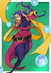  1girl belt dress finger_to_mouth green_eyes hagoromo hair_slicked_back highres nail_polish orb pantyhose purple_hair purple_legwear red_dress rose_(street_fighter) scarf shawl single_hair_intake solo street_fighter turtleneck twitter_username wallace_pires yellow_scarf 