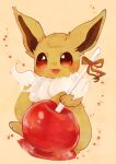  :3 animal_focus banchiku brown_eyes brown_ribbon candy_apple closed_mouth commentary_request eevee fluffy food food_focus gen_1_pokemon happy highres holding holding_food no_humans pokemon pokemon_(creature) ribbon shiny simple_background smile solo tongue tongue_out yellow_background 