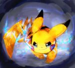  :3 animal_focus banchiku black_eyes blue_background blush_stickers closed_mouth commentary_request electricity full_body gen_1_pokemon happy jpeg_artifacts no_humans pikachu pokemon pokemon_(creature) running smile solo 