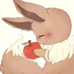  animal_focus apple banchiku blush closed_eyes closed_mouth commentary_request eevee fluffy food from_side fruit gen_1_pokemon happy holding holding_food jpeg_artifacts no_humans nose_blush pokemon pokemon_(creature) profile simple_background smile solo yellow_background 
