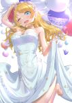  1girl absurdres ahoge balloon blonde_hair blue_eyes breasts dress hachimiya_meguru highres idolmaster idolmaster_shiny_colors one_eye_closed smile umirororo wedding_dress white_background 