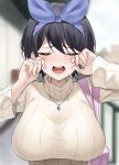  1girl bangs beige_sweater black_hair blue_hairband blue_ribbon blurry blurry_background breasts carrying_bag closed_eyes commentary_request crying eyebrows_visible_through_hair facing_viewer hair_ribbon hairband hands_up highres jewelry kanojo_okarishimasu large_breasts long_sleeves necklace open_mouth outdoors pink_bag ribbon sarashina_ruka shengtian short_hair solo sweater taut_sweater teeth turtleneck turtleneck_sweater upper_body 