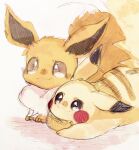 :3 animal_focus banchiku black_eyes blush blush_stickers brown_eyes closed_mouth commentary_request eevee gen_1_pokemon happy highres lying no_humans on_stomach pikachu pokemon pokemon_(creature) simple_background sketch smile white_background 
