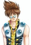  1boy akira_ituki brown_hair closed_mouth collarbone looking_at_viewer looking_over_eyewear macross macross_7 male_focus nekki_basara shiny shiny_hair simple_background sleeveless smile spiky_hair upper_body white_background yellow_eyes 