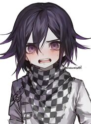  1boy agenasumiso51 bangs black_hair checkered checkered_neckwear checkered_scarf dangan_ronpa_(series) dangan_ronpa_v3:_killing_harmony grey_background hair_between_eyes highres jacket long_sleeves looking_at_viewer male_focus messy_hair multicolored_hair open_mouth ouma_kokichi purple_hair scarf simple_background solo straitjacket tears twitter_username upper_body upper_teeth violet_eyes white_jacket 