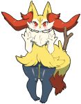  1girl animal_ear_fluff animal_ears animal_nose black_fur black_outline blush body_fur braixen chizi claws closed_mouth commentary_request fox_ears fox_girl fox_tail full_body furry gen_6_pokemon hands_up happy highres looking_at_viewer outline paws pigeon-toed pokemon pokemon_(creature) red_eyes shiny shiny_skin simple_background smile solo standing stick sweat tail white_background white_fur wide_hips yellow_fur 
