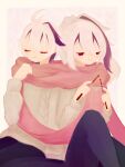  2girls beige_sweater black_pants closed_eyes commentary dual_persona flower_(vocaloid) highres knitting knitting_needle light_smile long_hair multicolored_hair multiple_girls needle pants pink_background pink_scarf ponytail purple_hair santendot scarf short_hair sitting streaked_hair v_flower_(vocaloid4) vocaloid white_hair 