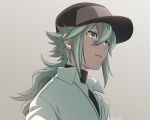  1boy bangs baseball_cap blue_eyes collared_shirt commentary green_hair grey_background hair_between_eyes hat long_hair male_focus n_(pokemon) nagiru parted_lips pokemon pokemon_(game) pokemon_bw shirt sidelocks solo two-tone_headwear undershirt upper_body 