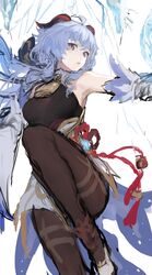  1girl ahoge armpits bell bell_collar black_bodysuit bodysuit breasts collar cowbell cowboy_shot detached_sleeves expressionless flower_knot ganyu_(genshin_impact) genshin_impact goat_horns hair_between_eyes highres horns ice koba_(jdhikdjdkfiwufh) light_blue_hair long_hair looking_at_viewer medium_breasts open_mouth simple_background sketch skin_tight solo violet_eyes vision_(genshin_impact) white_background white_footwear 