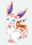  animal_focus banchiku blue_background blue_eyes brown_eyes closed_mouth commentary_request eevee fangs full_body gen_1_pokemon gen_6_pokemon happy head_tilt highres looking_at_viewer no_humans open_mouth pawpads pokemon pokemon_(creature) simple_background sitting smile sylveon 