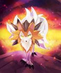  animal_focus banchiku claws commentary_request embers fire full_body gen_7_pokemon green_eyes highres looking_at_viewer lycanroc lycanroc_(midday) no_humans pokemon pokemon_(creature) solo standing 