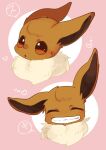  animal_focus banchiku bangs blush brown_eyes closed_eyes commentary_request eevee expressions face facing_viewer fang fluffy gen_1_pokemon grin highres multiple_views no_humans nose_blush open_mouth pink_background pokemon pokemon_(creature) sequential simple_background smile speech_bubble straight-on swept_bangs teeth translation_request 