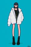  1girl absurdres aqua_background bangs belt black_footwear black_hair coat earrings flat_color full_body highres jewelry long_hair original shadow shoes signature simple_background sleeves_past_fingers sleeves_past_wrists solo standing white_coat yoshi_mi_yoshi 