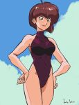  1girl ahoge artist_name bangs bare_shoulders bob_cut brown_eyes brown_hair clouds collarbone commentary cowboy_shot english_commentary hands_on_hips highleg highleg_swimsuit jouky_salieri light_blush light_smile lips looking_ahead ranma_1/2 short_hair swimsuit tendou_nabiki turtleneck 