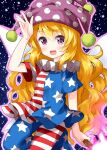 1girl :d american_flag_dress blonde_hair blush clownpiece commentary_request eyebrows_visible_through_hair fairy_wings flat_chest foot_out_of_frame hair_between_eyes hand_up hat highres holding holding_torch jester_cap long_hair looking_at_viewer neck_ruff open_mouth pantyhose pink_headwear polka_dot purple_outline ruu_(tksymkw) short_sleeves smile solo space star_(sky) star_(symbol) star_print torch touhou very_long_hair violet_eyes wavy_hair wings 