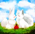 ^_^ alolan_form alolan_vulpix alternate_color animal_focus banchiku blue_sky blush closed_eyes closed_mouth clouds commentary_request day eevee flower fluffy full_body gen_1_pokemon gen_7_pokemon grass happy leaf no_humans nose_blush noses_touching outdoors pokemon pokemon_(creature) red_flower red_rose rose shiny_pokemon short_hair sitting sky smile white_hair 