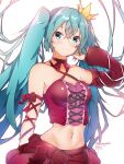  1girl absurdres adjusting_hair alternate_costume aqua_hair arm_up artist_name bangs bare_shoulders blue_eyes collarbone criss-cross_halter crop_top crossed_bangs crown detached_sleeves floating_hair hair_between_eyes halterneck harukawa_(hal501) hatsune_miku highres long_hair looking_at_viewer midriff red_ribbon red_shirt red_skirt ribbon shirt sidelocks simple_background single_detached_sleeve skirt smile solo stomach twintails upper_body vocaloid watermark white_background 