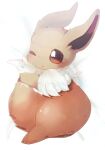  animal_focus banchiku bangs bed_sheet blush brown_eyes commentary_request eevee fluffy from_above full_body gen_1_pokemon highres lying no_humans on_side one_eye_closed open_mouth pokemon pokemon_(creature) simple_background solo swept_bangs tail tail_hug white_background 