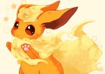  animal_focus arms_up banchiku beige_background blonde_hair blush brown_eyes commentary_request flareon fluffy gen_1_pokemon light_blush looking_up no_humans open_mouth pawpads pokemon pokemon_(creature) short_hair simple_background solo star_(symbol) upper_body 