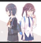  2girls absurdres adachi_sakura adachi_to_shimamura backpack bag bangs black_hair black_shirt black_skirt blue_neckwear blue_skirt brown_eyes brown_hair brown_neckwear collared_shirt drinking_straw eyebrows_visible_through_hair grey_eyes hair_between_eyes hand_up highres holding letterboxed looking_at_viewer multiple_girls neckerchief necktie pleated_skirt ponytail profile sailor_collar school_bag school_uniform serafuku shimamura_hougetsu shirt skirt sorimachi-doufu white_sailor_collar white_shirt 