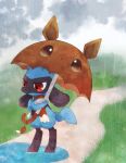  1boy annoyed banchiku brown_scarf child closed_mouth clothed_pokemon clouds cloudy_sky commentary_request day eevee full_body furry gen_1_pokemon gen_4_pokemon grass grey_sky holding holding_umbrella jpeg_artifacts looking_down male_focus outdoors path pokemon pokemon_(creature) puddle rain red_eyes riolu road scarf sideways_mouth sky solo standing umbrella 