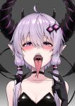  1girl black_gloves blush demon_girl demon_horns demon_tail eyebrows_visible_through_hair forked_tongue gloves highres horns long_hair long_tongue looking_at_viewer low_twintails open_mouth purple_hair slit_pupils solo tail tongue tongue_out twintails upper_body violet_eyes voiceroid yuzuki_yukari zooanime 