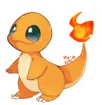  :3 animal_focus banchiku blue_eyes charmander claws closed_mouth commentary_request fire full_body gen_1_pokemon happy no_humans number pokedex_number pokemon pokemon_(creature) simple_background smile solo standing white_background 