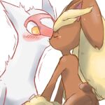  2girls animal_ears ass blush body_fur brown_fur bunny_tail chizi closed_eyes commentary_request constricted_pupils furry gen_3_pokemon gen_4_pokemon kiss latias legendary_pokemon lopunny multiple_girls pokemon pokemon_(creature) rabbit_ears rabbit_girl simple_background sketch standing tail trembling white_background yellow_eyes yellow_fur yuri 