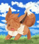  :3 animal_focus banchiku bangs blue_sky blush brown_eyes brown_hair clouds commentary_request day eevee fluffy full_body gen_1_pokemon grass hair_over_eyes highres no_humans open_mouth outdoors pawpads pokemon pokemon_(creature) short_hair sky solo standing 