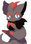  absurdres animal_focus banchiku blue_eyes blush commentary_request fang from_above full_body gen_5_pokemon half-closed_eyes hands_together happy highres looking_to_the_side lying no_humans on_side open_mouth pokemon pokemon_(creature) simple_background smile solo white_background zorua 