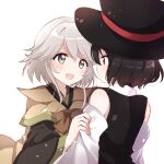 2others androgynous black_hair blush brown_coat coat detached_sleeves enraku_tsubakura eye_contact face-to-face hat highres houlen_yabusame large_hat len&#039;en looking_at_another multiple_others ougi_hina short_hair short_hair_with_long_locks silver_hair smile top_hat 