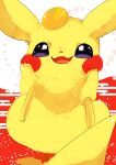  :3 absurdres animal_focus banchiku blush_stickers commentary_request fang food food_on_head fruit full_body gen_1_pokemon hands_on_own_cheeks hands_on_own_face hands_up happy highres looking_up mandarin_orange no_humans object_on_head open_mouth pikachu pokemon pokemon_(creature) red_background sitting smile solo two-tone_background violet_eyes 
