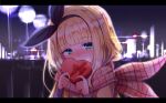  1girl bangs baram black_ribbon blonde_hair blunt_bangs blurry blurry_background blush bokeh box breath commentary_request covering_mouth depth_of_field eyebrows_visible_through_hair gift green_eyes hair_ribbon heart-shaped_box holding holding_box holding_gift jacket letterboxed looking_at_viewer mononobe_alice night nijisanji nose_blush orange_jacket outdoors pink_scarf plaid plaid_scarf ribbon scarf shiny shiny_hair short_hair solo upper_body valentine virtual_youtuber 