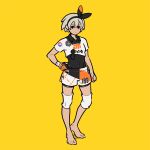  barefoot bea_(pokemon) black_bodysuit black_eyes bodysuit bodysuit_under_clothes full_body gloves grey_hair hand_on_hip highres looking_at_viewer pokemon pokemon_(game) pokemon_swsh print_shirt print_shorts shirt short_hair short_sleeves shorts simple_background single_glove standing yellow_background yoshi_mi_yoshi 