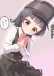 1girl arare_(kancolle) black_hair brown_eyes commentary_request cowboy_shot dress gift grey_background hands_on_own_chest hat highres kantai_collection long_sleeves metadio pinafore_dress remodel_(kantai_collection) shirt short_hair solo translation_request twitter_username white_shirt 