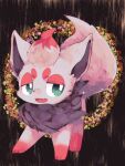  :3 animal_focus aqua_eyes banchiku brown_background commentary_request fang flower fluffy full_body gen_5_pokemon half-closed_eyes happy highres looking_to_the_side no_humans open_mouth pink_flower pokemon pokemon_(creature) red_flower smile solo standing zorua 