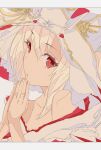  1girl ayanami_(azur_lane) ayanami_(demon&#039;s_dress)_(azur_lane) azur_lane bare_shoulders blonde_hair highres japanese_clothes juna_(sir_mfmf) kimono looking_at_viewer off-shoulder_kimono off_shoulder official_alternate_costume praying red_eyes solo upper_body white_headwear white_kimono 