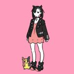  1girl black_footwear black_jacket choker dress earrings full_body gen_8_pokemon highres jacket jewelry long_sleeves looking_at_viewer marnie_(pokemon) morpeko morpeko_(full) pink_background pink_dress pokemon pokemon_(creature) pokemon_(game) pokemon_swsh shoes simple_background solo standing undercut yoshi_mi_yoshi 