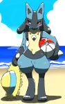  1boy absurdres animal_ears ball beach beachball black_fur blue_fur blue_sky blush body_fur chizi clouds commentary_request day full_body furry gen_4_pokemon hat highres holding horizon looking_to_the_side lucario male_focus ocean outdoors poke_ball_theme pokemon pokemon_(creature) red_eyes sand sky snout solo spikes standing sun_hat water wolf_boy wolf_ears yellow_fur yellow_headwear 
