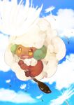  absurdly_long_hair animal_focus banchiku big_hair blue_sky brown_eyes clouds commentary_request dandelion_seed day floating full_body gen_5_pokemon highres long_hair no_humans open_mouth outdoors pokemon pokemon_(creature) sky solo very_long_hair whimsicott white_hair 