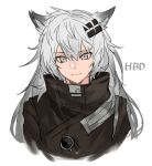  1girl animal_ears aogisa arknights bangs black_jacket closed_mouth eyebrows_visible_through_hair grey_eyes grey_hair jacket lappland_(arknights) long_hair looking_at_viewer solo_focus white_background 