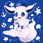  :3 alternate_color alternate_eye_color anchor_symbol animal_focus banchiku blue_background blue_eyes blue_headwear blue_theme blush bottle clothed_pokemon commentary_request cork drink eevee fang fluffy full_body gen_1_pokemon happy hat highres holding holding_bottle lifebuoy light_blush no_humans open_mouth pawpads pokemon pokemon_(creature) ribbon seashell shell shiny_pokemon sitting smile solo star_(symbol) star_in_eye starfish starry_background symbol_in_eye white_ribbon 