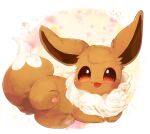  :3 animal_focus banchiku bangs blush brown_eyes closed_mouth commentary_request eevee fluffy full_body gen_1_pokemon happy jpeg_artifacts looking_at_viewer lying no_humans pawpads pokemon pokemon_(creature) smile solo swept_bangs tongue tongue_out 