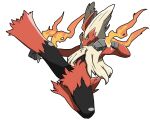  1boy absurdres arms_up bird_boy black_fur blaziken blue_eyes body_fur chizi clenched_hands colored_sclera commentary_request fire full_body furry gen_3_pokemon highres jumping kicking leg_up male_focus mega_blaziken mega_pokemon pokemon pokemon_(creature) red_fur simple_background solo spread_legs white_background yellow_fur yellow_sclera 