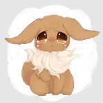  :&lt; animal_focus banchiku bangs blush border brown_eyes closed_mouth commentary_request crying eevee fluffy full_body gen_1_pokemon grey_border hand_up light_blush looking_at_viewer no_humans nose_blush outside_border pokemon pokemon_(creature) sad simple_background sitting solo swept_bangs tears white_background 