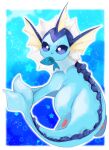  animal_focus banchiku blue_background blue_eyes blue_theme border commentary_request fang fish from_behind full_body gen_1_pokemon highres looking_back mouth_hold no_humans outline outside_border pawpads pokemon pokemon_(creature) skin_fang solo star_(symbol) starry_background vaporeon white_border white_outline x_x 